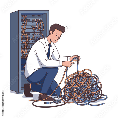 A man kneels looking frustrated at a tangled pile of multicolored cables next to a computer server rack