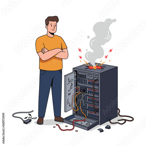 Man watches server rack burst with smoke and sparks wires strewn