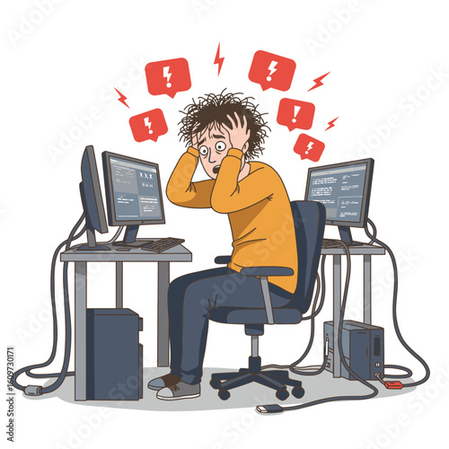Stressed coder overwhelmed by errors surrounded by computers