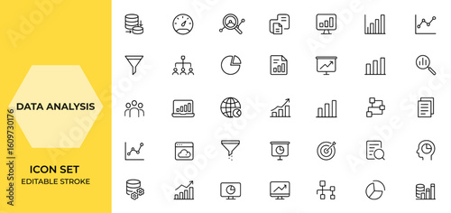 Web and mobile app icons set for data analysis and analytics in line style. Includes data processing, performance, research network, traffic analysis, statistics, graphs, and collection icons and more