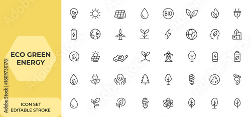 Eco green energy web icon set in editable stroke line style. Power, solar panel, water, recycle, bio, nature, electricity, ecology icons for mobile and web app interface, modern design and more.