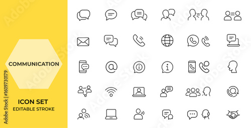 Line style communication icon set for web and mobile apps. Conversation, chat, consultation, speaking signs, discussion, speech bubble, contact us vector illustration, messaging and more.