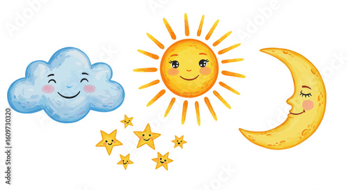 Cute Cartoon Sun, Moon, Cloud and Stars