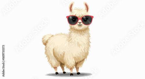A funny cartoon llama wearing cool red sunglasses. This stylish alpaca character is isolated on a white background.