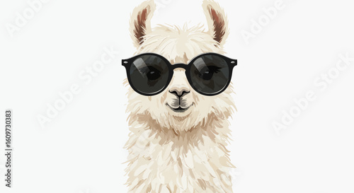 A cool llama wearing black sunglasses. A funny portrait of a stylish alpaca with a modern, trendy look. Humorous animal character illustration.