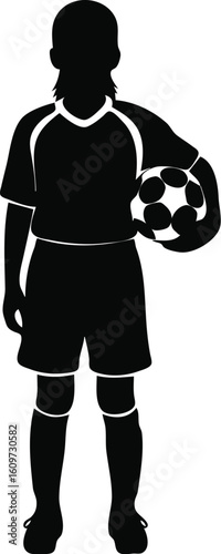 Silhouette of a young girl, a soccer player, holding a ball
