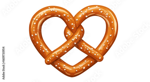Heart shaped pretzel illustration symbolizing a love for snacks. A traditional salty baked good for celebrations and festivals.