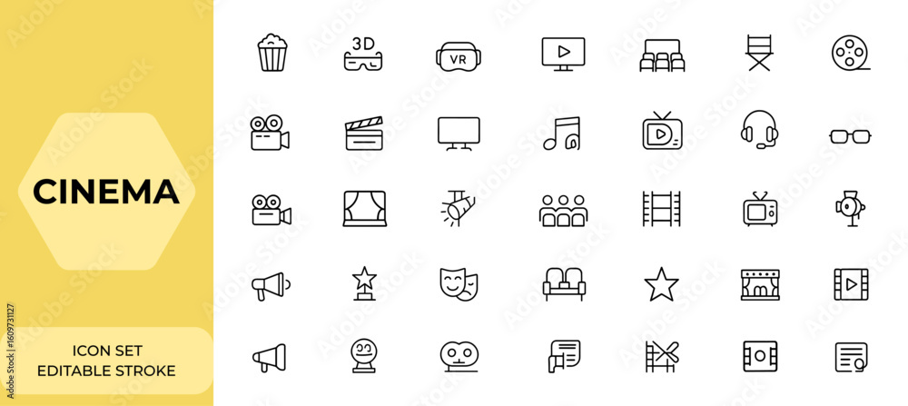 Linear cinema icon collection set. Editable stroke movie and film web icons in line style. Includes popcorn, 3D, VR, video, movie theater, ticket, director, soundtrack, and more, digital media