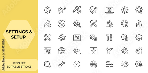Line style web icons set for settings and setup. Installation, update, maintenance, configuration, control, options, and setup icons for mobile app. Vector illustration and more.