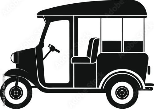 Black auto rickshaw silhouette with canopy and seating three wheeler transport