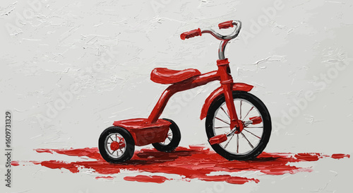 A striking illustration of a classic red tricycle surrounded by a blood-like splatter, conveying a concept of lost childhood innocence.