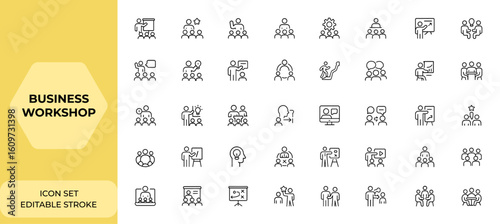 Business workshop icons set in line style for web and mobile app, featuring team building, motivation, coaching, managing, teamwork, meeting, training, collaboration, leadership, development and more.