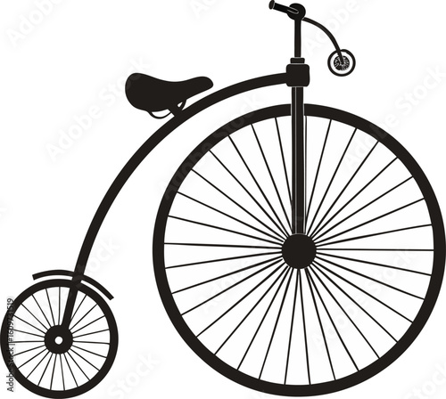 Black penny farthing bicycle with large front wheel and small rear wheel vintage transportation