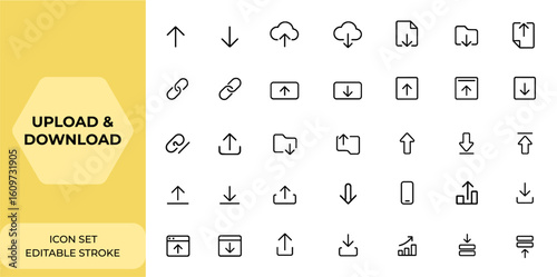 Upload and download Web icons set in line style with editable stroke: linear icon collection including arrow, cloud storage, folder, file, link, web button, digital interface, UI symbols and more.
