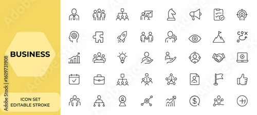 Line style business icons set for web and mobile app. Management, teamwork, marketing, planning, vision, mission, strategy, media. Vector illustration for business solutions, growth, success