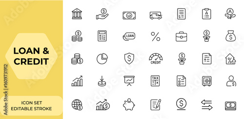 Loan and credit rating icon collection in line style. Editable stroke web icons set containing banking, income, leasing, money, interest, business, calculator, and more.