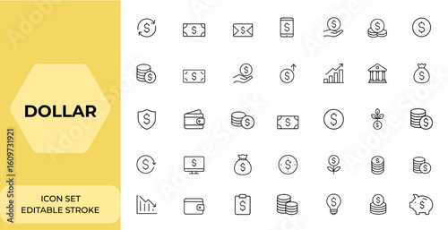 Linear dollar icon set for web — editable stroke collection featuring currency exchange, cash, digital dollar, coins, banknotes, dollar sign, and money concepts in line style and more.
