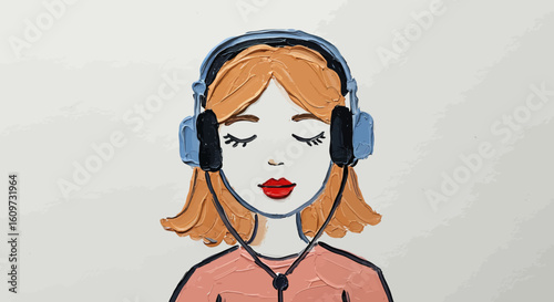 Calm woman with headphones listening to music. A plasticine illustration showing relaxation and mindfulness through audio.