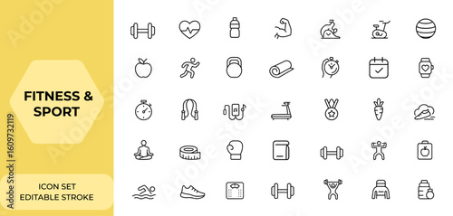 Fitness and Sport icon collection with editable stroke, thin line gym and health care icons for healthy lifestyle. Vector illustration, wellness, exercise, training, workout, active, sport