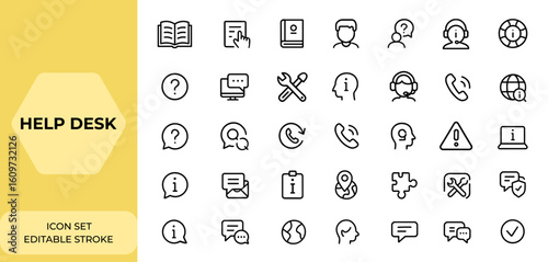 Web info and help desk icon set in linear style for mobile and web apps, including user manual, instruction, guidebook, reference, assistant, customer support, information and more.