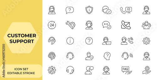 Customer support and service icon set in line style for web and mobile app. Helpdesk, online assistance, contact, feedback, email support, 24 hrs help, assistance, service icons, support and more.
