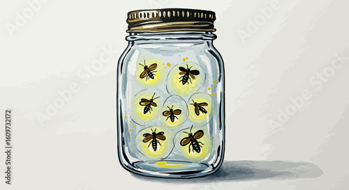 Glowing Firefly Illustration in Glass Jar Nature's Night Light