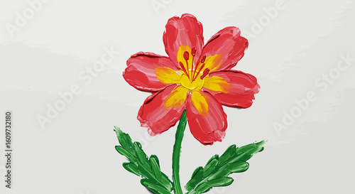 Artistic painting of a single red flower with a yellow center. A botanical illustration with expressive brushstrokes.