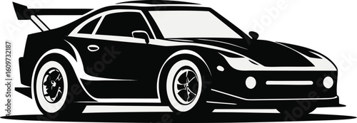 Sleek black sports car with white accents and rear spoiler automobile vehicle