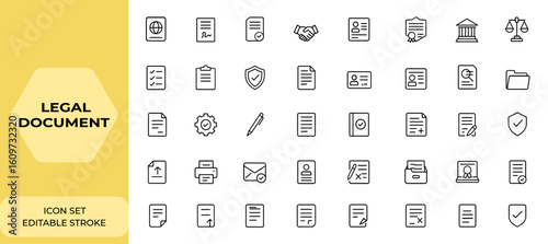 Line style legal document icons set. Editable stroke linear icon collection of passport, contract, agreement, ID card, certificate, license, law, justice, compliance, paperwork, verification and more.