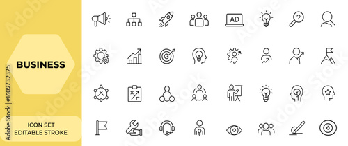 Line style business icons set for web and mobile app. Marketing, management, startup, team, business strategy, advertising, solutions, research, action list, business process icons.