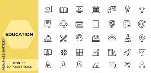 Line style education icon set for web and mobile apps. Online education, e-learning, video tutorial, school, university, webinar, knowledge, learning, study vector illustration and more.