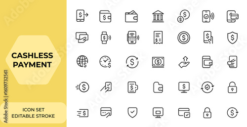 Cashless payment icon set in line style. Linear web icons collection including money transfer, e-wallet, wallet, banking, credit card, transaction, cash, editable stroke, digital finance and more.