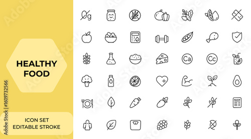 Healthy food linear icon collection with nutrition set of web icons in editable stroke style. Includes zero trans fat, probiotics, palm oil free, food, vegetables, water, count calories, and more.