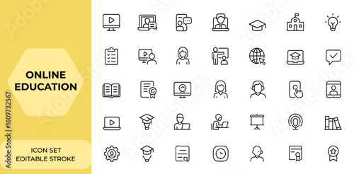 Online education icons set in line style for web and mobile apps. E-learning, distance learning, video tutorial, webinar, online lecture, university, school, vector illustration and more.