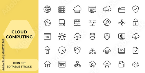 Cloud computing and web hosting icons set in thin line style for mobile and web apps. Includes domain, server, webspace, traffic, data exchange, website, hosting service, network and more.