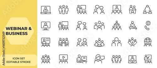 Live webinar and business meeting icon set in line style for web and mobile apps. Includes team, classroom, interview, discussion, conference, work, collaboration, networking and more.