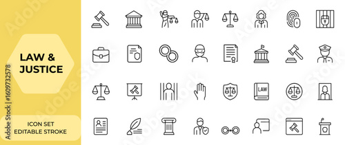 Linear law and justice icon set for web and mobile app. Legal lawyer, judgement, court, prison, criminal, justice, law, legal documents vector illustration, courtroom, attorney, rights and more.