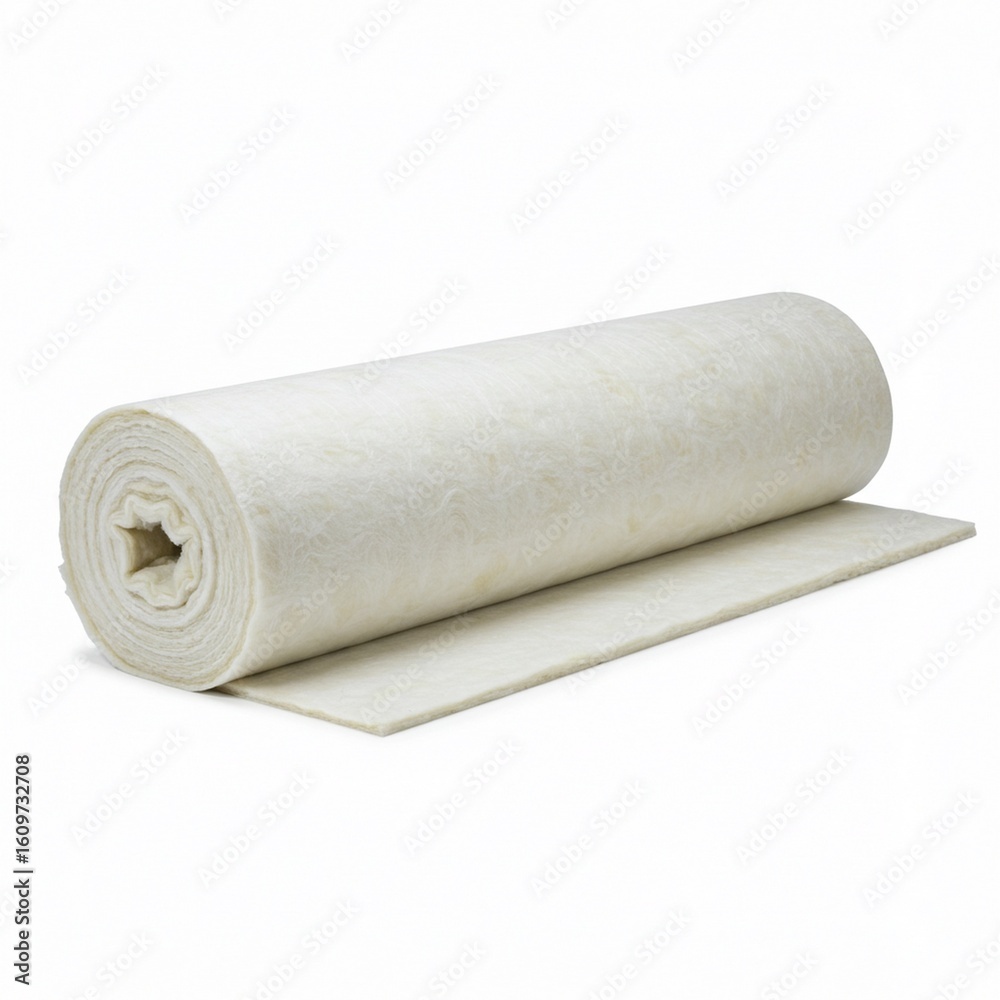 Fototapeta premium A large roll of thick, white industrial felt material used for thermal or acoustic insulation in manufacturing processes, isolated on a white background.