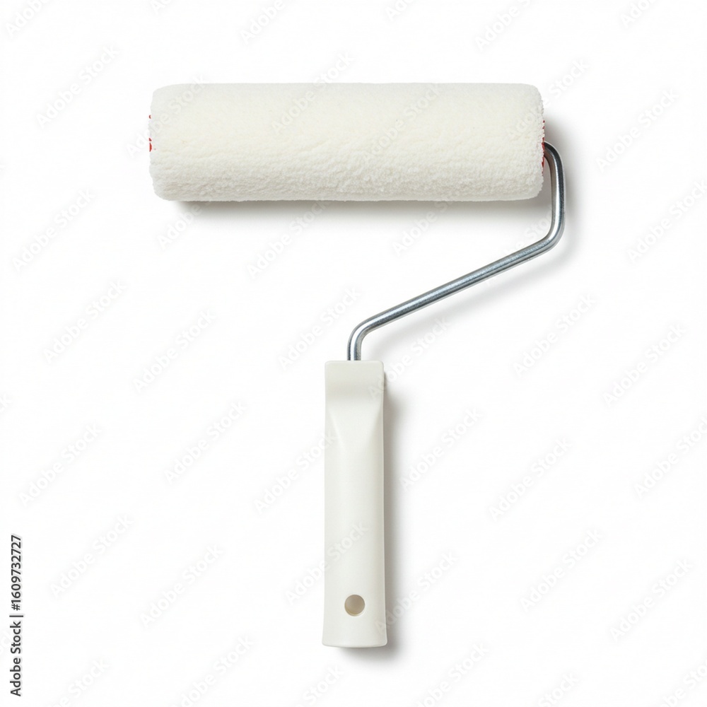 Fototapeta premium Close-up of a white paint roller with a metal frame and a white plastic handle, isolated on a white background, ready for DIY projects and home improvement