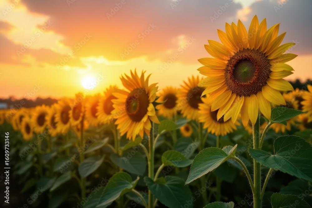 Fototapeta premium Golden hour sunset bathes a field of towering sunflowers , landscape, nature