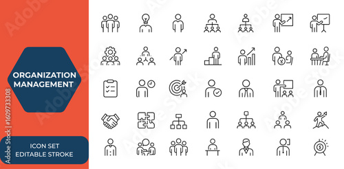 Linear web icons set for organization management and human resource. Editable stroke collection featuring teamwork, leadership, business people, structure, hierarchy, and more and more.