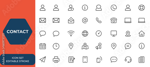 Editable stroke contact icon set, thin line social media network icons collection, vector illustration, communication symbols, digital connection, online support, message icons and more.