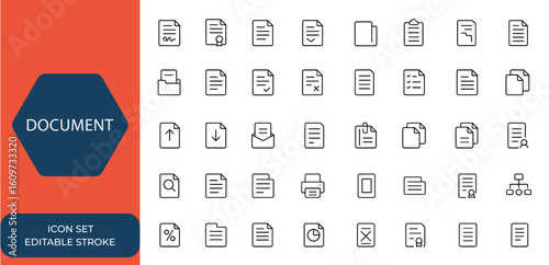 Linear document icon collection in editable stroke style. Set of web icons including contract, certificate, folder, clipboard, invoice, archive, approved, accept papers, and more