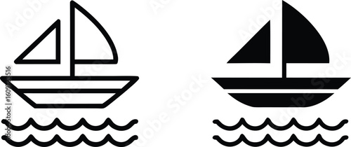 Black and white sailboat icons on water waves ocean vector bundle collection set pack object template elements icons clipart illustration editable flat minimal modern banner poster object png eps png,