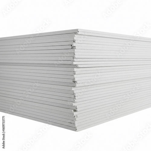 Neatly stacked gypsum plasterboard panels on a white background. Building materials for interior wall finishing and construction. Industrial manufacturing concept.