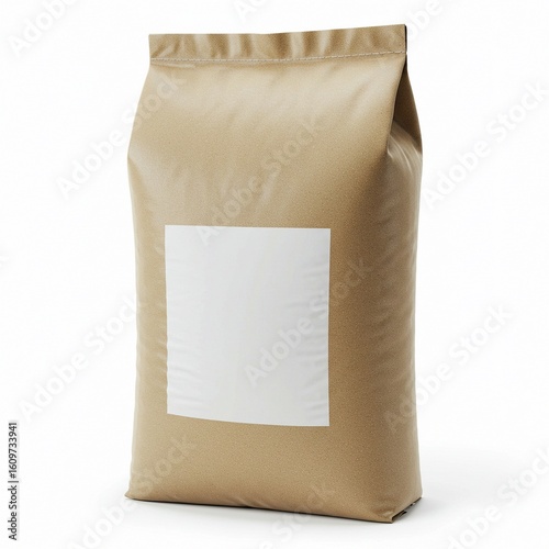 A generic brown paper sack for manufacturing supplies. This industrial bulk package features a blank white label for product branding.