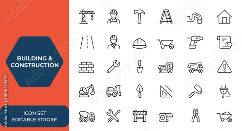 Building and construction icon collection with editable stroke. Thin line construction vector icons set. Professional illustration for architecture, engineering, project, design, industry and more.