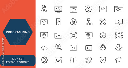 Line style web icons set for programming and coding. Developer, coder, programmer, API, software development, information technology icons for mobile and web apps. Vector illustration
