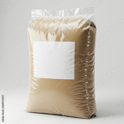 Large clear plastic bag of brown granular powder with a blank white label for custom branding. Industrial manufacturing supply concept.