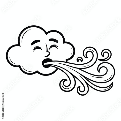 Cartoon cloud character blowing a strong gust of wind